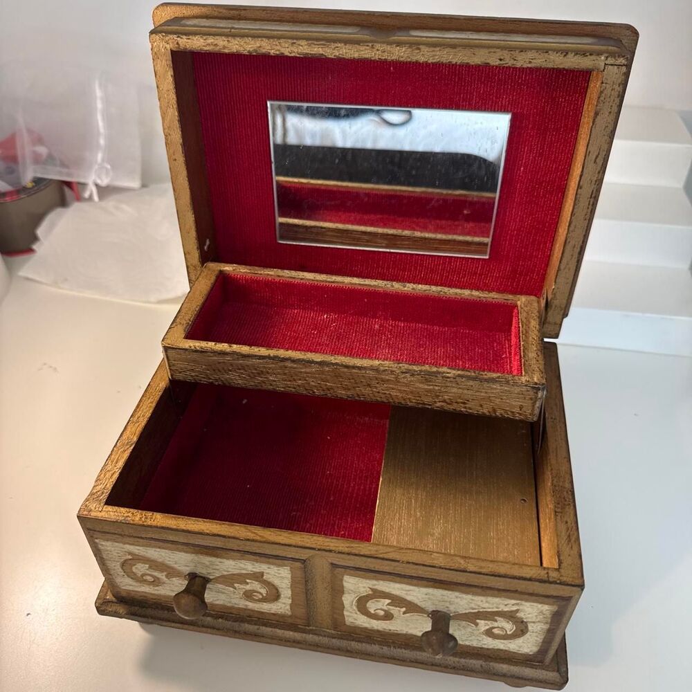 Wooden Music jewelry box with gold floral and scrollwork designs